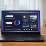 Laptop cu o aplicație AI deschisă pe ecran, ilustrând Gemini pe Windows pe desktop