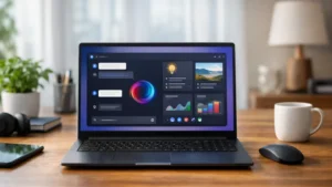 Laptop cu o aplicație AI deschisă pe ecran, ilustrând Gemini pe Windows pe desktop