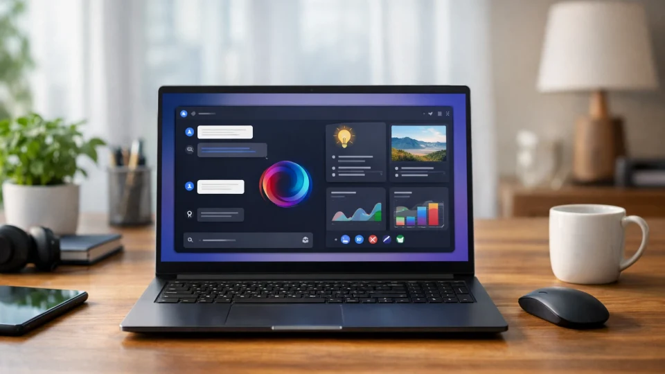 Laptop cu o aplicație AI deschisă pe ecran, ilustrând Gemini pe Windows pe desktop